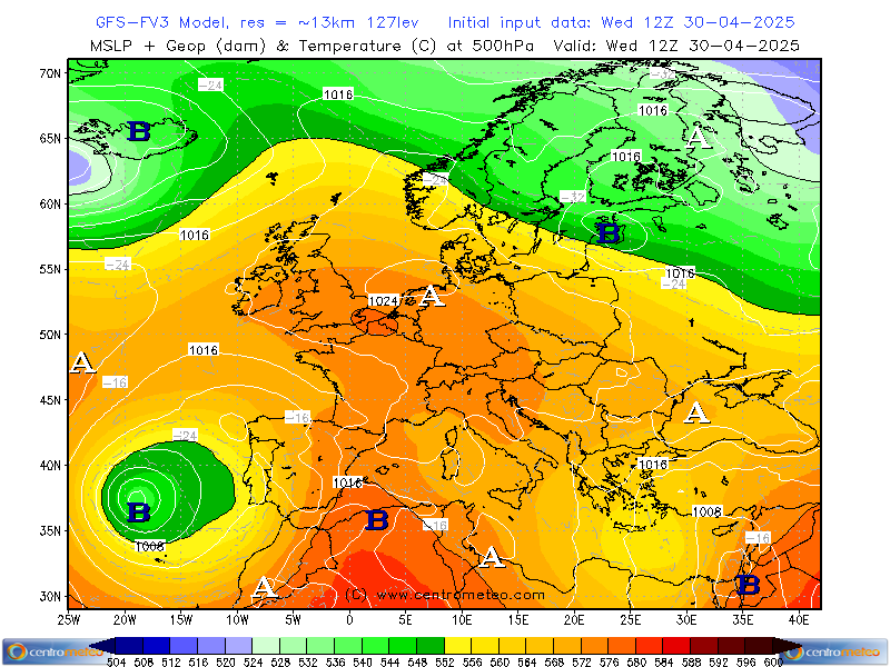 Mappa di analisi con la distribuzione della pressione al suolo e il geopotenziale (con la temperatura) a 500hPa - modello GFS