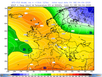 Mappa di analisi con la distribuzione della pressione al suolo e il geopotenziale (con la temperatura) a 500hPa