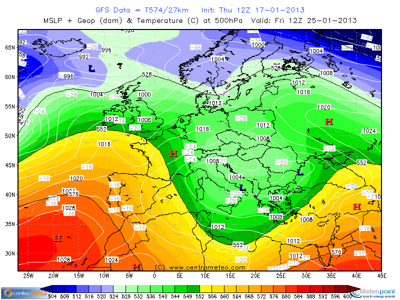 Carta sinottica per il 25 Gennaio, con pressione e geopotenziale