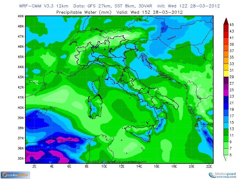 Precipitable Water sull’Italia il giorno 28 marzo 2012