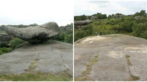 Una delle rocce brimham rocks oggetto dei vandali, prima e dopo