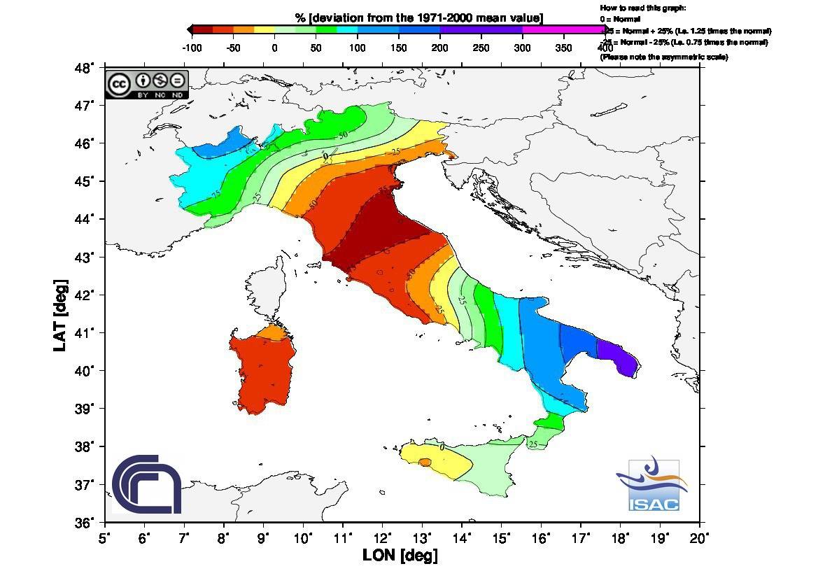 Deviazione in percentuale per le precipitazioni