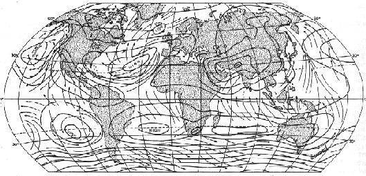 Distribuzione globale della pressione e dei venti in Luglio, secondo T. J. Chandler
