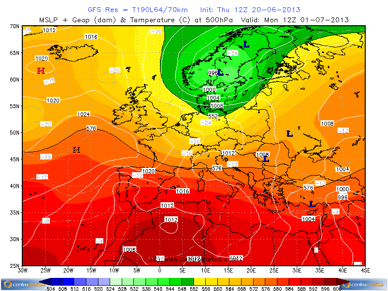Geopotenziali previsti per il primo Luglio 2013