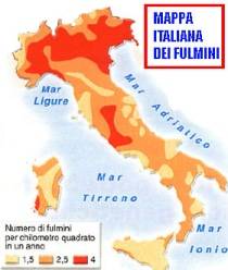 La mappa della distribuzione dei fulmini in Italia