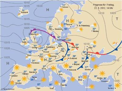 Classica carta del tempo con fronti e isobare (Meteosvizzera)