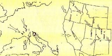 Movimento delle principali masse di aria umida apportatrici di nevicate, nella stagione invernale, verso il sistema alpino e verso le principali catene montuose