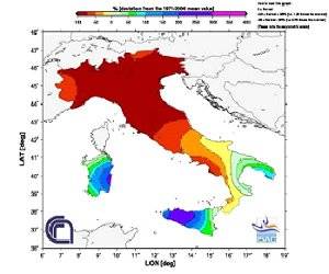 Percentuale acqua caduta: deficit pluviometrico al centro-nord