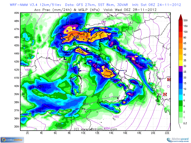 Precipitazioni in 24 ore precedenti il 28 Novembre 2012