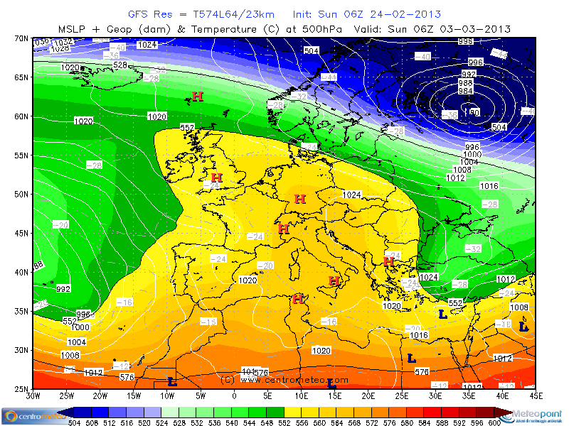 Pressione e geopotenziali attesi per il 3 Marzo 2013
