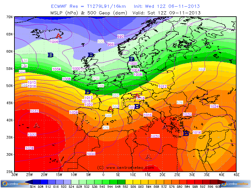 Pressione e geopotenziale per il 9 Novembre 2013