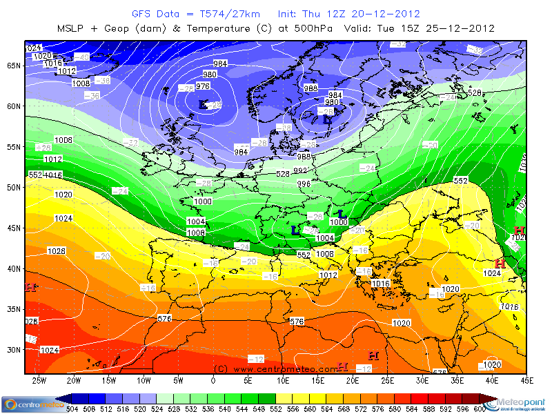 Carta sinottica per il 25 dicembre, pressione e geopotenziale