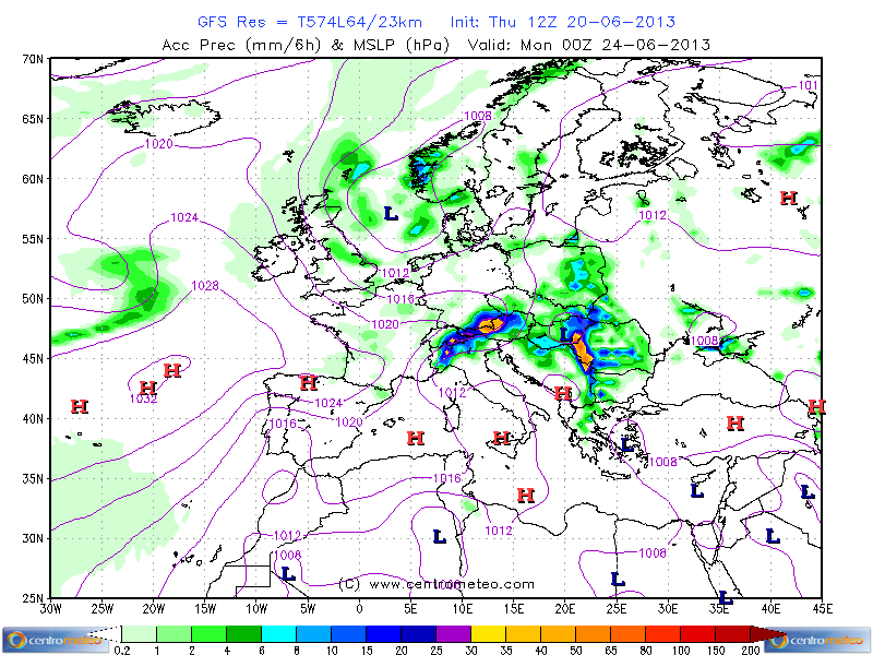Pressione e piogge attese per il 24 Giugno 2013