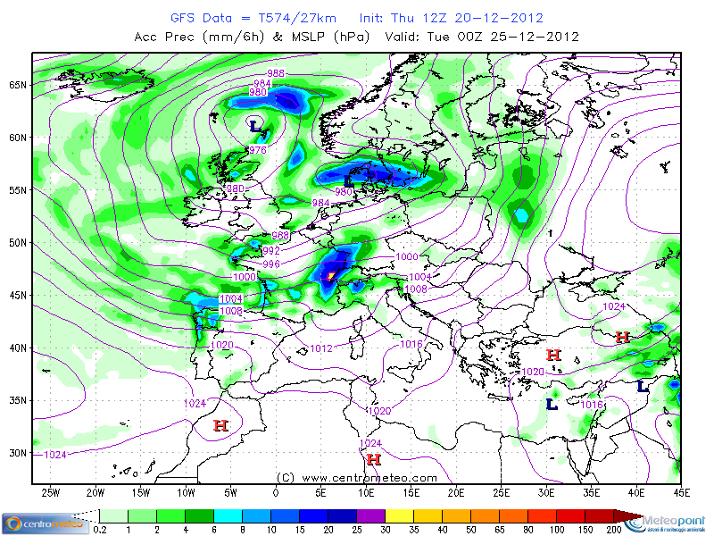 Precipitazioni e pressione atmosferica per le 00UTC del 25 dicembre