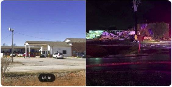 Prima e dopo il passaggio del tornado all'hotel American Budget Value Inn