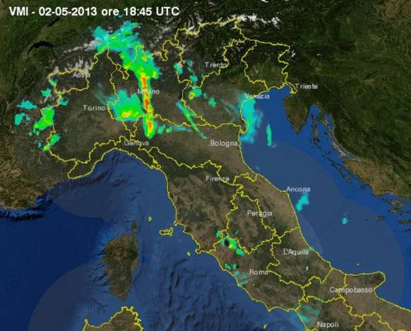 Eloquente il radar delle precipitazioni fornito dalla Protezione Civile