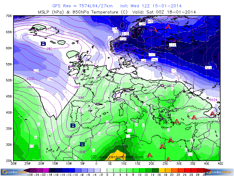 Temperatura all'altezza geopotenziale 850hPa