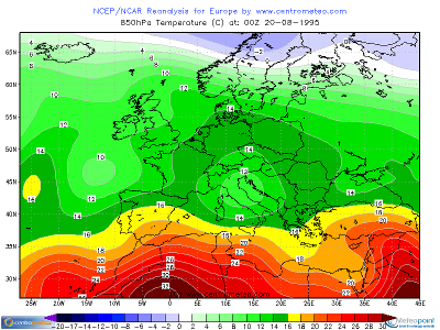 Temperature a 850hPa il 20 Agosto 1995