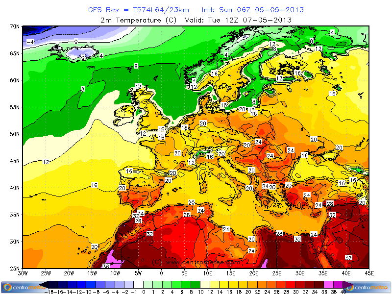 Distribuzione delle temperature attese per il 7 Maggio dal modello GFS