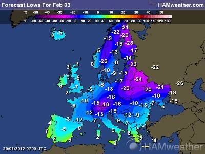 Temperature in Europa il 3 Febbraio 2012