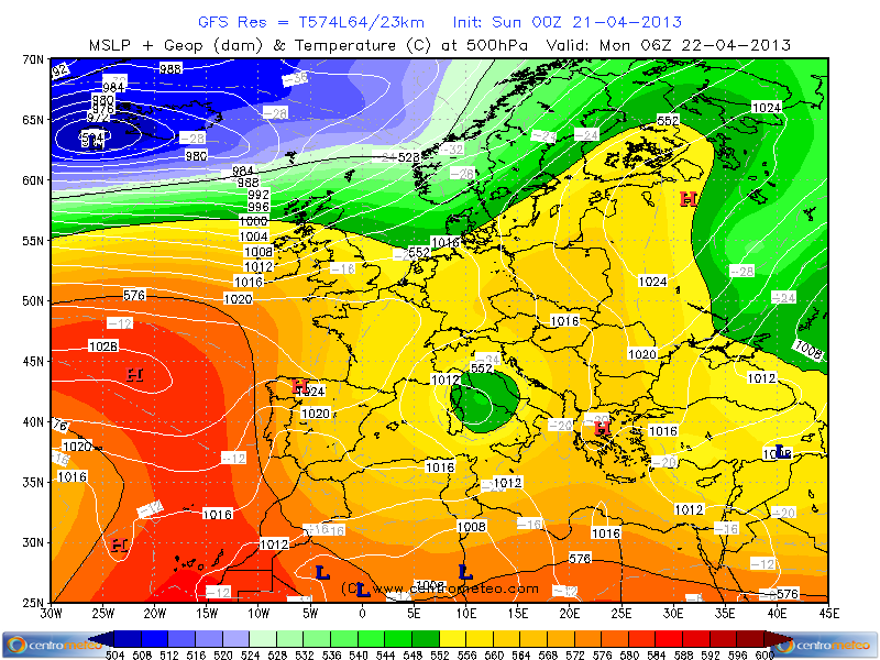 Tipica mappa all'altezza geopotenziale di 500hPa