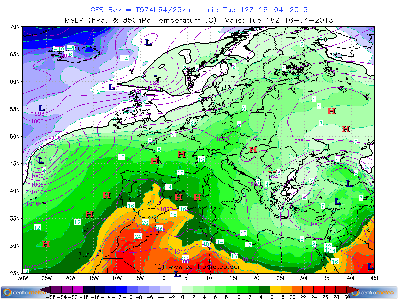 Tipica mappa all'altezza geopotenziale di 850hPa