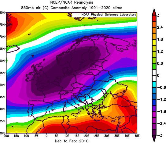 Anomalia di Temperatura in Europa Inverno 2009-2010