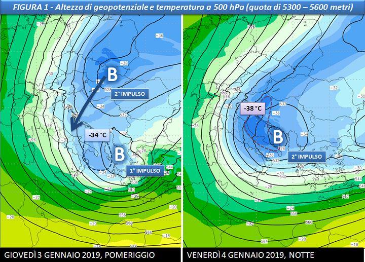 Altezza geopotenziale e temperatura a 500hPa previste per il 3 e 4 Gennaio