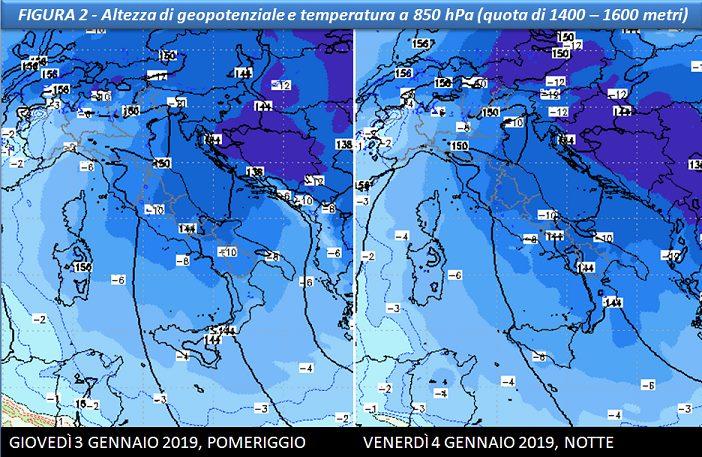 Altezza geopotenziale e temperatura a 850hPa previste per il 3 e 4 Gennaio