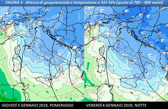 Altezza geopotenziale e temperatura a 925hPa previste per il 3 e 4 Gennaio