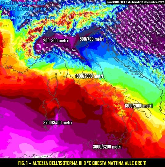 Altezza isoterma 0°C mattina del 13 dicembre ore 11