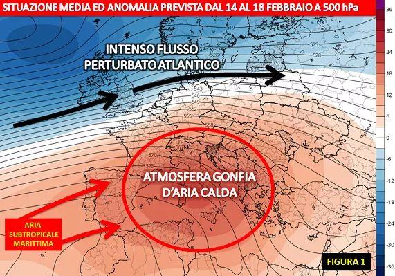 Situazione media e anomalia prevista dal 14 al 18 Febbraio