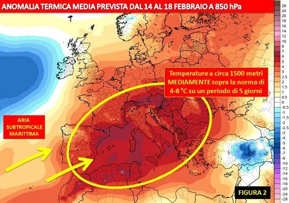 Anomalia termica media prevista dal 14 al 18 Febbraio