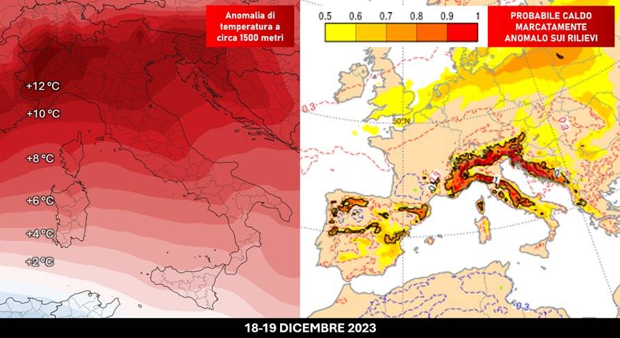 Anomalia della temperatura attesa per il 18-19 dicembre 2023
