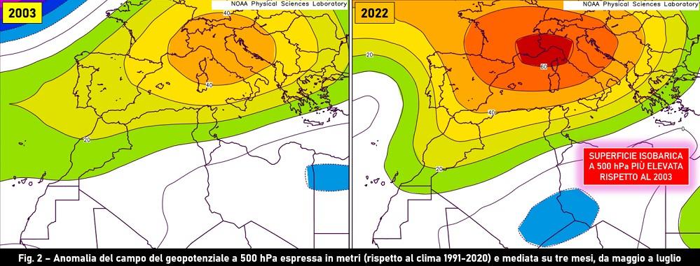 Anomalia dei geopotenziali 500hPa mediata su maggio, giugno e luglio