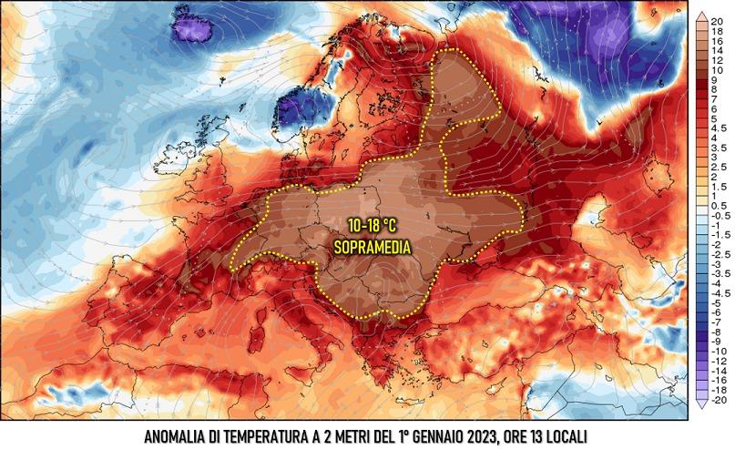 Anomalia della temperatura il primo gennaio 2023
