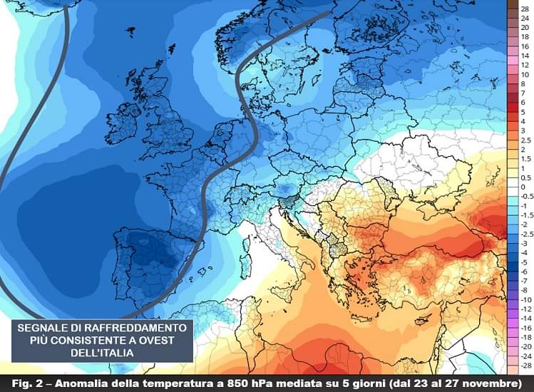 Anomalia della temperatura 23-27 Novembre 2021