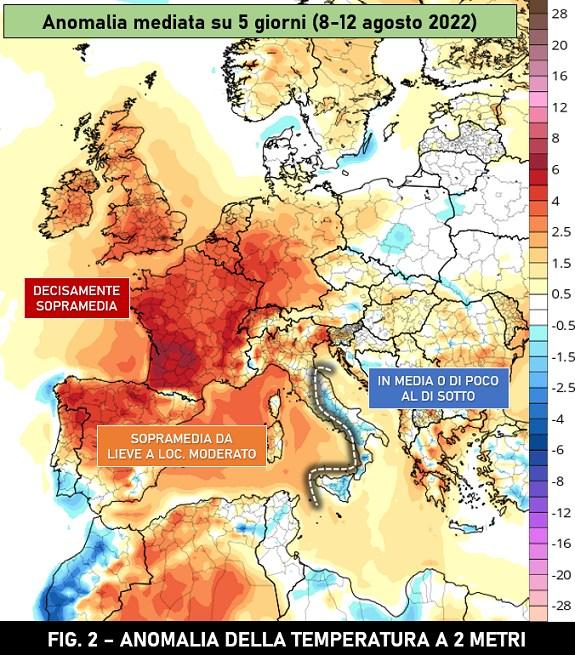 Anomalia della temperatura 8-10 Agosto 2021