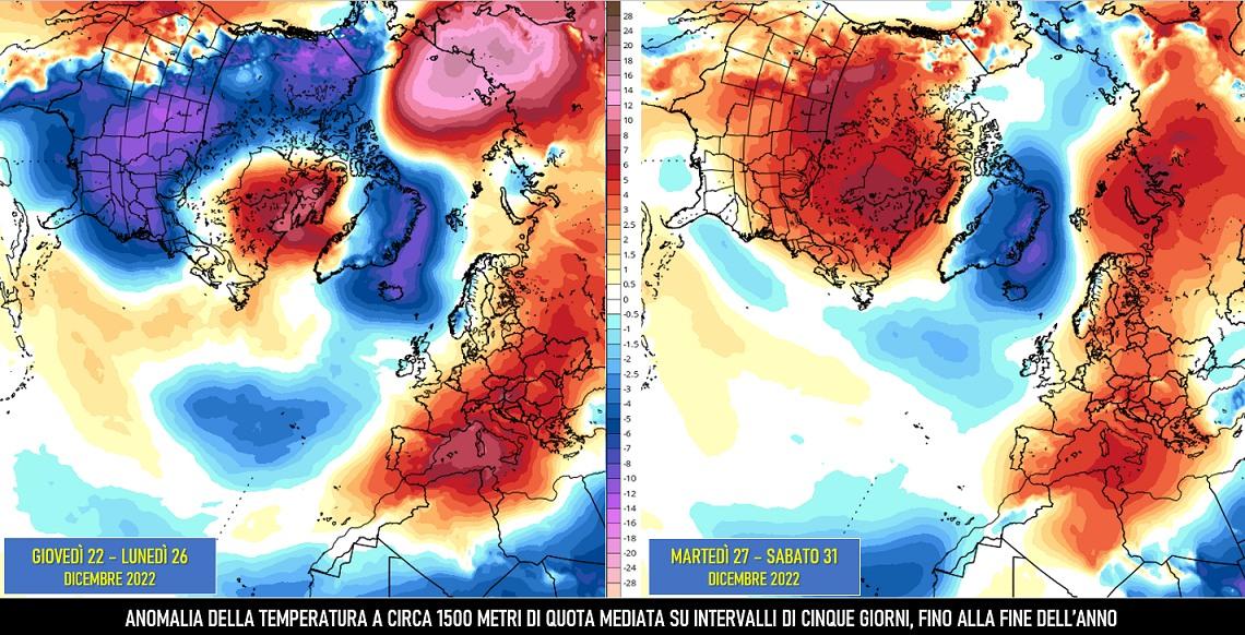 Anomalia della temperatura a 850hPa per fine dicembre 2022