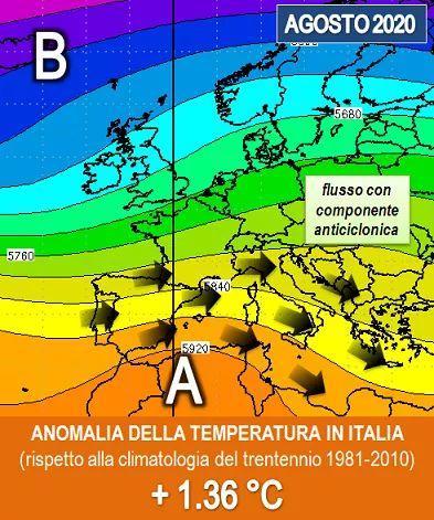 L'anomalia della temperatura sull'Italia - Agosto 2020
