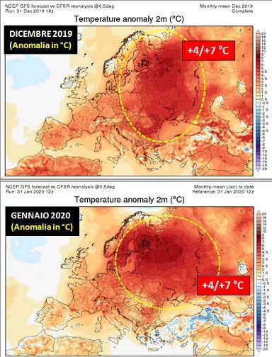 Anomalia temperatura 2m Dicembre 2019 e Gennaio 2020