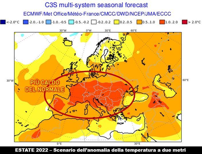 Anomalia prevista per l'estate 2022 della temperatura