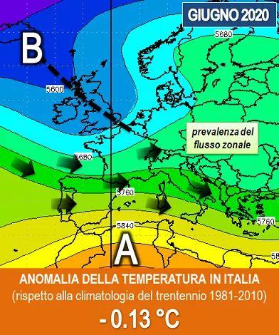 L'anomalia della temperatura sull'Italia - Giugno 2020