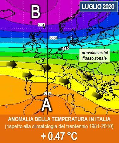L'anomalia della temperatura sull'Italia - Luglio 2020