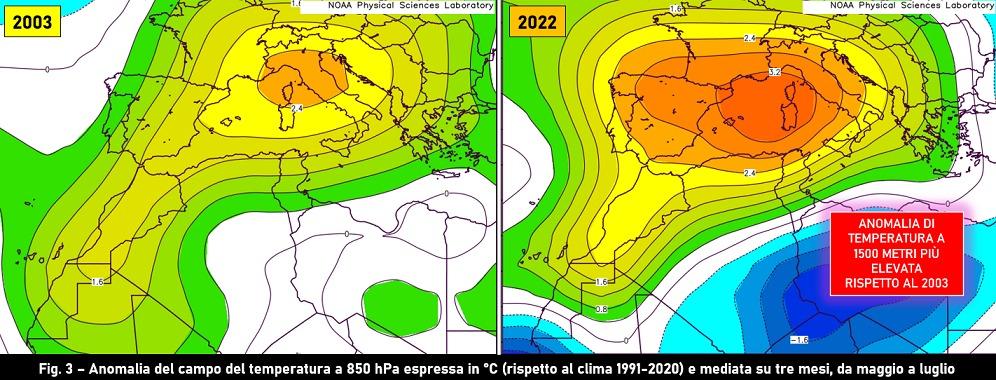 Anomalia della temperatura 850hPa mediata su maggio, giugno e luglio