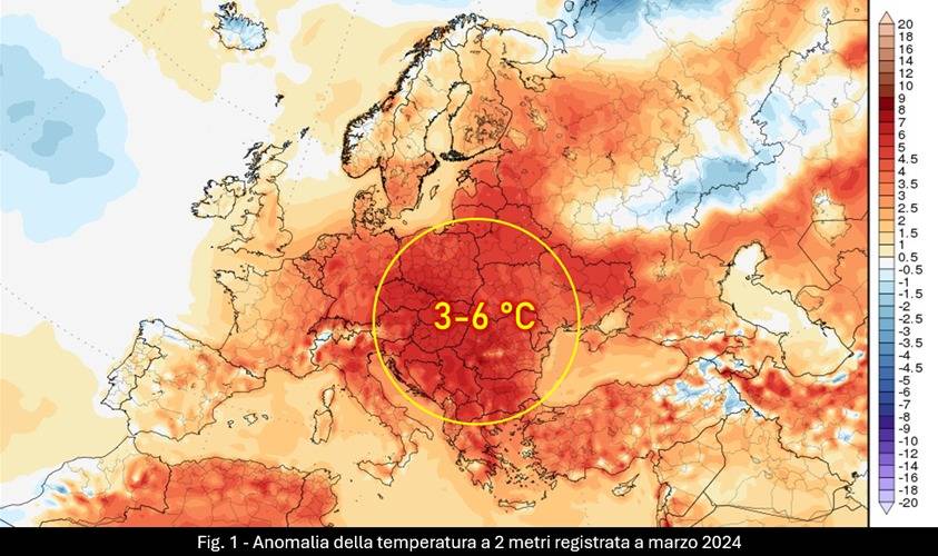 Anomalia della temperatura a 2 metri a marzo 2024