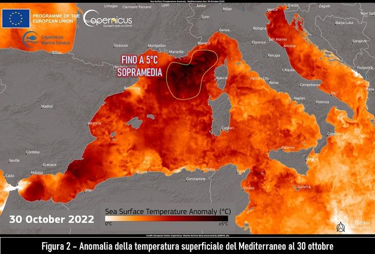 Anomalia della temperatura del Mediterraneo il 30 Ottobre 2022