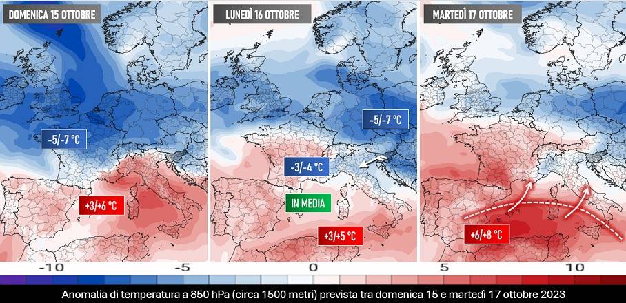 Anomalia della temperatura 15-17 ottobre 2023