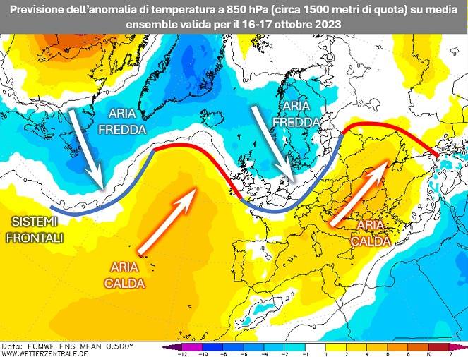 Anomalia della temperatura attesa per il 16-17 ottobre 2023