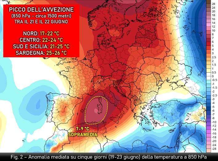 Anomalia della temperatura a 850 hPa 19-23 giugno 2023